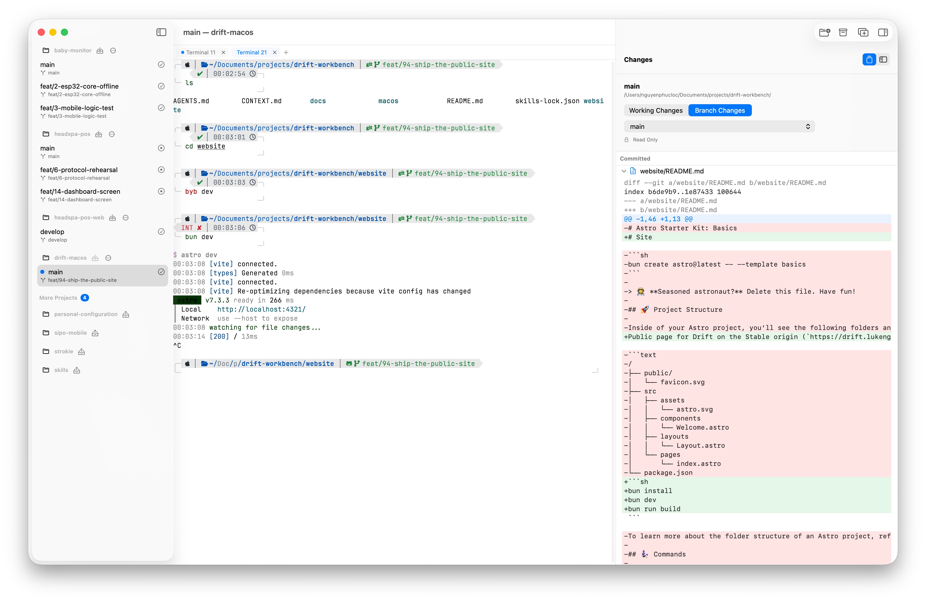 Drift Workbench with a Project, several Workspaces, Terminal, and Changes